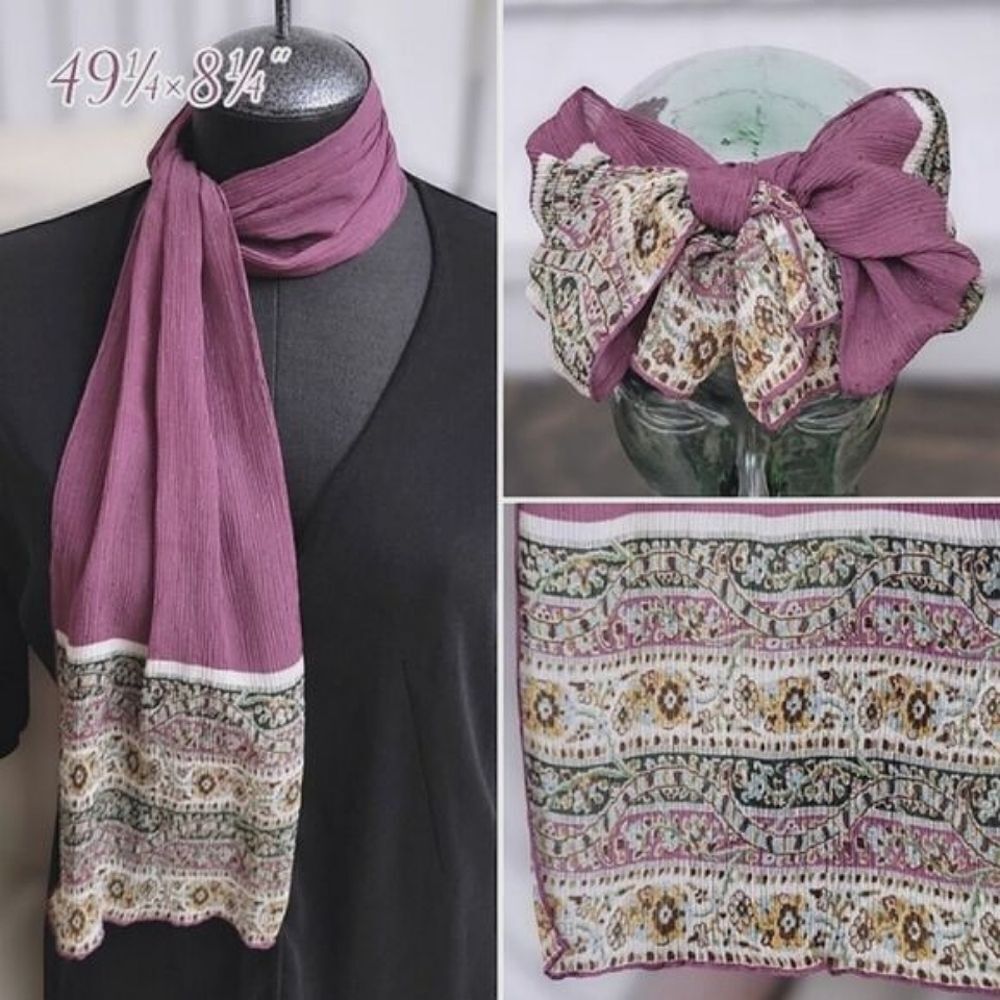 Vtg lilac sheer silk chiffon crepon patterned end slim scarf